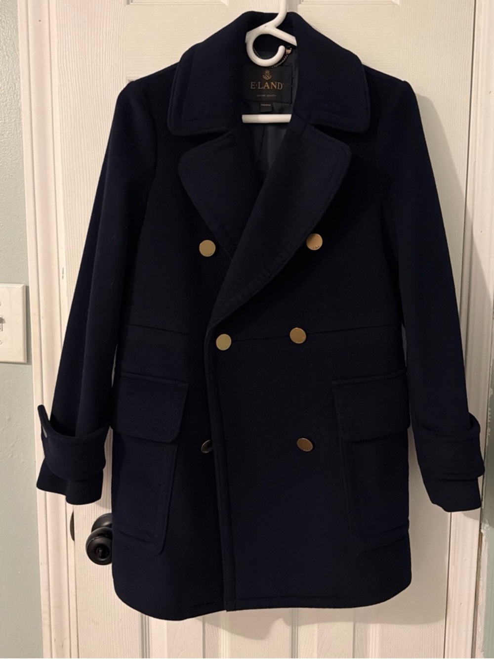 E-Land Women's Navy Double-Breasted Peacoat with Gold Buttons